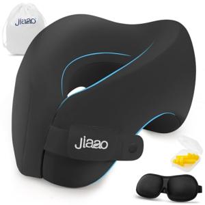 jiaao Travel Pillow Memory Foam Neck Pillow for Airplanes with Adjustable Neck Support, Includes Eye Mask, Earplugs & Storage Bag - Perfect for Flights, Road Trips, and Trains