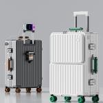 Front Opening Suitcase PC Material with Aluminum Frame TSA Lock Cup Holder Charging Port Colorful Wheels Travel Rolling Luggage