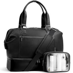 Travel Duffle Bag for Women,40L Weekender Bags Airline Approved Carry On with Shoe Compartment & Waterproof Wet Pocket, Durable Nylon Weekender Overnight Bag for Travel, Gym, Business Trip, Black