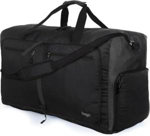 Bago Large Foldable Duffel Bags for Traveling Women & Men - 80L Packable Duffle Bag for Travel with Shoe Compartment - Water Repellant, Heavy Duty, Lightweight Folding & Collapsible (All Black)