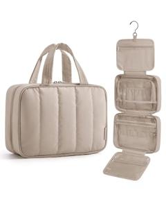 BAGSMART Travel Toiletry Bag for women, Portable Hanging Hook Makeup Bag Organizer, Waterproof Makeup Cosmetic Bag, for Full-Size Accessories, Toiletries, Camel