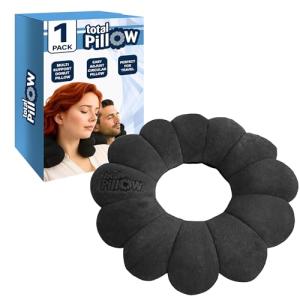 Total Pillow Donut Pillow for Airplane & Travel, Sleeping Neck Pillow, Microbead Comfortable Pillow for Neck, Head, Back, Lumbar & Pelvic Support, Twists to Many Positions - Black