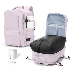 Vacuum Travel Backpack with Pump for Women, Personal Item Carry on Backpacks Flight Approved 18x14x8 inches for Men,Laptop Waterproof Work Compression bags Casual Daypack. (Purple)