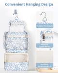 Narwey Small Hanging Travel Toiletry Bag for Women, Travel Bag for Toiletries, Floral Makeup Bag Organizer Cute Cosmetic Bags Make Up Bags for Girls (Blue Flower)