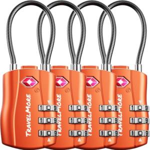 4 Pack TSA Approved Travel Combination Cable Luggage Locks for Suitcases & Backpacks - Orange