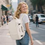 Sinaliy Travel Backpack for Women, Expandable 40L Carry on Flight Approved Backpack, 17 Inch Laptop Waterproof Travel Bag for College, Travel, Work, Beige