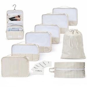 Foxy Traveler 9 Set Packing Cubes - Suitcase Organizer, Cute Packing Cubes, Travel Bags Organizer for Luggage with Hanging Toiletry and Shoe Bag, Travel Essentials for Women, Men and Kids -Stripe