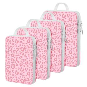 Lemoobolsa 4 Set Compression Packing Cubes For Travel Bags Organizer For Luggage Suitcase Organizer, Compression Bags For Travel Accessories Luggage Storage Set (4 Pcs, Pink Leoparda)