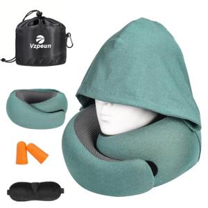 Vzpeun Travel Pillow - Hooded Neck Pillow Airplane Memory Foam Filling for Plane, Office, Cars Sleeping, Road Trip, Long Flights, Portable Plane Accessories, Includes Eye Mask & Earplugs (Green)