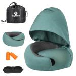 Vzpeun Travel Pillow - Hooded Neck Pillow Airplane Memory Foam Filling for Plane, Office, Cars Sleeping, Road Trip, Long Flights, Portable Plane Accessories, Includes Eye Mask & Earplugs (Green)