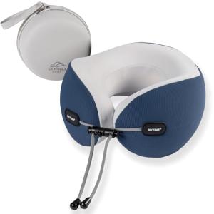 SKYTRAX COMF® Premium Ergonomic Memory Foam Travel Neck Pillow, Washable Cooling Ice Silk Cover, Firm Neck Support for Airplane Long Flights & Pain Relief, with Portable Carry Case (Navy Blue)