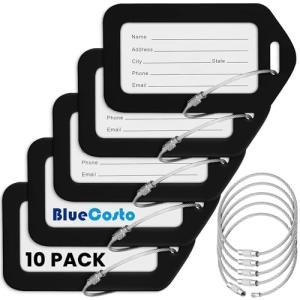 BlueCosto Luggage Tags (Small, Black, 10 PK) - Suitcase Tags w/Name ID Card & Heavy-Duty Metal Wire Loops - Bright Colored PVC Tags for Travel Baggage - Backpack Name Labels
