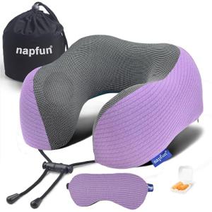 napfun Neck Pillow for Traveling, Upgraded Travel Neck Pillow for Airplane 100% Pure Memory Foam Travel Pillow for Flight Headrest Sleep, Portable Plane Accessories, Light Purple Striped Kit