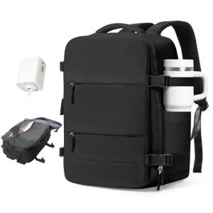 Vacuum Travel Backpack with Pump Women,Personal Item Carry on Backpacks Flight Approved 18x14x8 inches Men,Laptop Waterproof Work Compression bags Casual Daypack Mochila de Viaje Compresion al Black