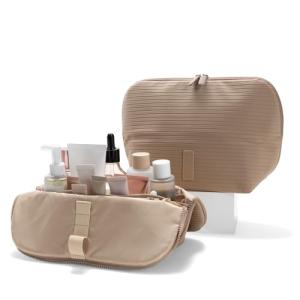 THE VERTI-Vertical Waterproof Makeup & Toiletry Bag | 23-Pocket Organizer with Upright, Fold-Down Design for Skincare, Toiletries & Essentials (Sandstone, Medium)