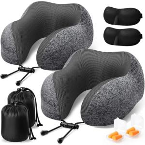 ExploreBliss Travel Pillow, 2 Pack Travel Pillows for Sleeping Airplane, Removable Cover Neck Pillow with Adjustable Clasp, Memory Foam Neck Pillow Set (Dark Grey*2)