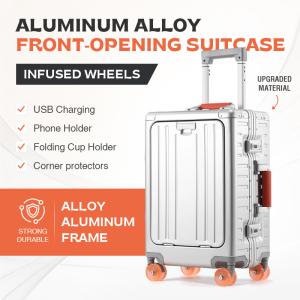 Front Opening Aluminum Magnesium Alloy Luggage 20 24 Inch Full Injected PU Wheels Color Block Carry On Suitcase with Cup Holder