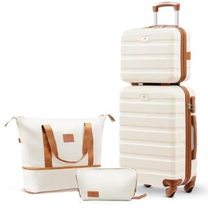 Suitour Carry On Luggage Set 22x14x9 Airline Approved Luggage Sets 4 Piece, ABS Hardside 20inch Suitcase with 360°Spinner Wheels Lightweight Travel Suitcase Sets(White Tan)