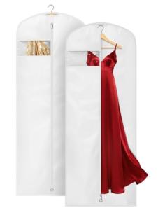 KIMBORA 65" Dress Bags for Gowns Long Garment Bags for Hanging Clothes with Clear Window, Foldable Wedding Dress Cover for Closet Storage and Travel (2 Packs, White)