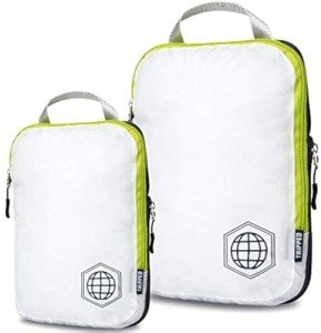 TRIPPED Travel Gear Compression Packing Cubes for Travel - Luggage and Backpack Organizer Packaging Cubes for Clothes (White and Green, 2 Piece Set)