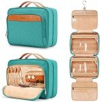 COOSKY Travel Hanging Toiletry Bag for Women, Cruise Ship Essentials, with Jewelry Organizer, Extra Large Makeup Dopp Kit, Waterproof Cosmetic Bags, Toiletries Kit Set with Trolley Belt, Blue