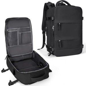 coowoz Large Travel Backpack For Women Men,Carry On Backpack Flight Approved,Hiking Backpack Waterproof Outdoor Sports Rucksack Casual Daypack Fit 15.6 Inch Laptop Shoes Compartment (Black)