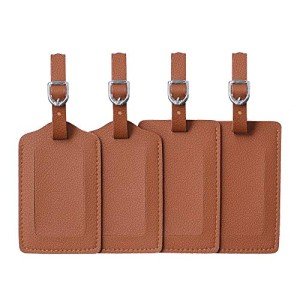 Vigorport Luggage Tag，Leather Identifiers Travel Tags for Suitcase,Bag Tags with Name Card Holder-Set of 4(Brown)