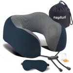 napfun Neck Pillow for Traveling, Upgraded Travel Neck Pillow for Airplane 100% Pure Memory Foam Travel Pillow for Flight Headrest Sleep, Portable Plane Accessories, Deep Blue Set, Medium (120-200LB)