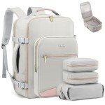 LOVEVOOK Carry on Travel Backpack, 40L Waterproof Large 17inch Laptop Luggage Daypack as Personal Item Flight Approved, Business Weekender Overnight with 3 Packing Cubes, Light gray-Pink