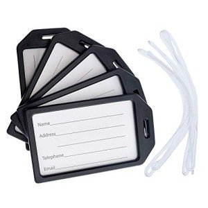 5 Pack - Premium Rigid Airline Luggage Tag Holders with 6" Worm Loops - Heavy Duty Hard Plastic -Suitcase ID Tag Identifiers with Business Card Insert Window by Specialist ID (Black)