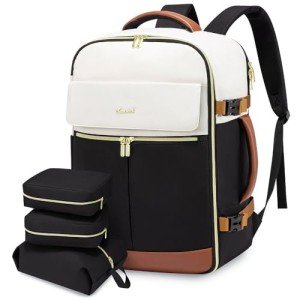 LOVEVOOK Travel Backpack for Women, TSA Carry On Backpack Flight Approved Luggage, 50L Water Resistant Personal Item Daypack Large Weekender Bag fit 18 inch Laptop with 3 Cubes, Beige-black-brown