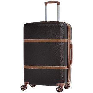 Amazon Basics 26-inch Hardside Checked Luggage With Leather Detailing, Hardshell Suitcase With Wheels, Expandable Space, With 8 Multi-directional Wheels, Scratch-Resistant Surface, Black