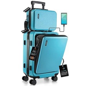TRAVELARIM 22 Inch Carry On Luggage 22x14x9 Airline Approved, Carry On Suitcase with Wheels, Hard-shell Carry-on Luggage, Durable Luggage Carry On, Teal Small Suitcase with Cosmetic Carry On Bag