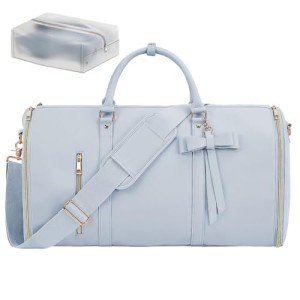 Garment Bags for Travel, Convertible Suit Travel Bag for Women, Stylish Carry On Garment Bag with Toiletry Pocket, Shoulder Strap and Shoes Compartment, 2 in 1 Foldable PU Leather Duffle Bag, Blue