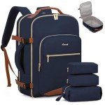 LOVEVOOK Carry on Backpck for Men, 40L Travel Backpack Flight Approved with 3 Packing Cubes, Personal Item Backpack with 17 Inch Laptop Compartment for Hiking Sport Daypack, Dark blue-Brown