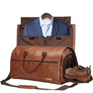 STOVER Garment Travel Duffle Bag, Large 2-in-1 Convertible Carry-on Luggage for Men & Women- Hanging Suits, Dresses & Clothes + Shoe Compartment- Weekender Tote Combo Duffel (Brown Leatherette)