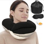 BUYUE Travel Neck Pillows for Airplanes, 360° Head Support Sleep for Long Flight, Skin-Friendly & Breathable, Kit with 3D Contoured Eye Mask, Earplugs and Storage Bag (Adult, Black, 90+ lbs)