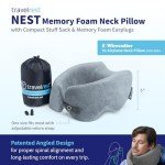TRAVELREST Nest Memory Foam Travel Neck Pillow, Advanced Support for Long Flights, Patented Design, Optimal Relaxation, Compact, Ergonomic, Washable, On-The-Go, Attaches to Luggage - Gray