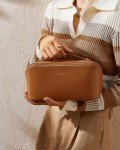 EACHY Travel Makeup Bag,Large Capacity Cosmetic Bags for Women,Waterproof Portable Pouch Open Flat Toiletry Bag Make up Bag with Divider and Handle, Gifts for Women (Brown, Medium)