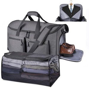 HILOMON Convertible Garment Duffel Bag with Mesh Storage Bag, YKK Zippers Carry On Garment Bag with Suit Compartment, 2 in 1 Hanging Suit Travel Bag (Grey)