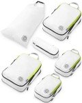 Compression Packing Cubes 6 Piece Set for Travel - Lightweight, Durable Clothes Organizer for Carry-On Luggage and Backpacks by TRIPPED Travel Gear (White and Green)