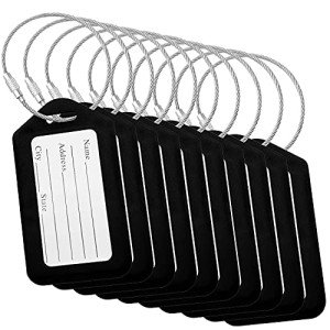 BlueCosto Luggage Tags (Small, Black, 10 PK) - Suitcase Tags w/Name ID Card & Heavy-Duty Metal Wire Loops - Bright Colored PVC Tags for Travel Baggage - Backpack Name Labels