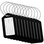 BlueCosto Luggage Tags (Small, Black, 10 PK) - Suitcase Tags w/Name ID Card & Heavy-Duty Metal Wire Loops - Bright Colored PVC Tags for Travel Baggage - Backpack Name Labels