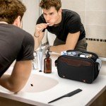 Wedama Toiletry Bag for Men, Medium Hanging Travel Toiletry Bag, Extra Electronic Organizer Bag Waterproof Travel Bag for Toiletries with PU Handle for Travel Business Trips Swim Camping, Black&Brown