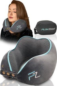 FLOWZOOM Memory Foam Travel Pillow for Airplanes & Car Rides – Adjustable Airplane Pillow with 360° Chin and Neck Support for Comfy Naps, Extra-Soft Washable Neck Pillow Cover, Squeezy Mesh Bag – Grey