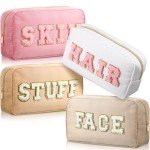 Remerry 4 Pcs Travel Toiletry Bags for Women Nylon Makeup Bag Organizer Cosmetic Chenille Letter Pouch Zipper Preppy Waterproof Hair Pouch Christmas Gift (Light Brown, Beige, Light Pink, White)