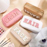 Remerry 4 Pcs Travel Toiletry Bags for Women Nylon Makeup Bag Organizer Cosmetic Chenille Letter Pouch Zipper Preppy Waterproof Hair Pouch Christmas Gift (Light Brown, Beige, Light Pink, White)