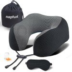 napfun Neck Pillow for Traveling, Upgraded Travel Neck Pillow for Airplane 100% Pure Memory Foam Travel Pillow for Flight Headrest Sleep, Portable Plane Accessories, Striped Black