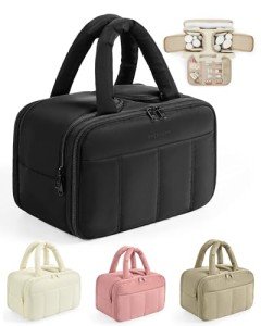 BAGSMART Travel Toiletry Bag, Puffy Large Toiletry Bag for Women, Lightweight Cosmetic Makeup Bag Organizer with Handle for Traveling, Accessories, Essentials, Toiletries (Black)