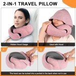 Vzpeun Travel Pillow - Hooded Neck Pillow Airplane, Memory Foam Pillow for Plane, Office, Cars Sleeping, Long Flight Must Haves, Road Trip Essentials Accessories for Adults (Red)